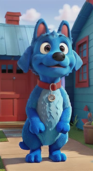  {Max the big blue dog standing in front of a cozy little house with a red door, The big blue dog is large with sky blue fur, big round eyes, a black nose, and floppy ears.