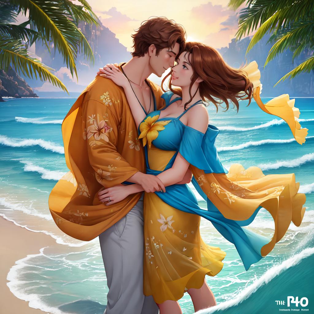  A Disney Pixar style poster of a couple, featuring a tall guy with brown hair and brown eyes, and a girl with hair and green eyes. The poster is a masterpiece with the best quality, 8k resolution, and high detailed. The couple is depicted in a joyful and romantic pose, standing in a picturesque setting. The background consists of a beautiful sunset beach, with golden sand and crashing waves. The couple is surrounded by vibrant tropical flowers, including hibiscus and plumeria, adding a pop of color to the scene. The lighting is warm and soft, capturing the enchanting atmosphere of the moment. hyperrealistic, full body, detailed clothing, highly detailed, cinematic lighting, stunningly beautiful, intricate, sharp focus, f/1. 8, 85mm, (centered image composition), (professionally color graded), ((bright soft diffused light)), volumetric fog, trending on instagram, trending on tumblr, HDR 4K, 8K