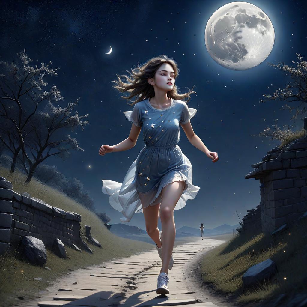  (best quality, masterpiece), (((high detail))), Moon and stars and model girl running on a thin path