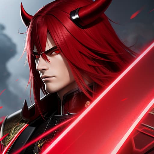  red samurai man with red horns in anime style detailed, ((best quality)), ((masterpiece)), highly detailed, absurdres, HDR 4K, 8K