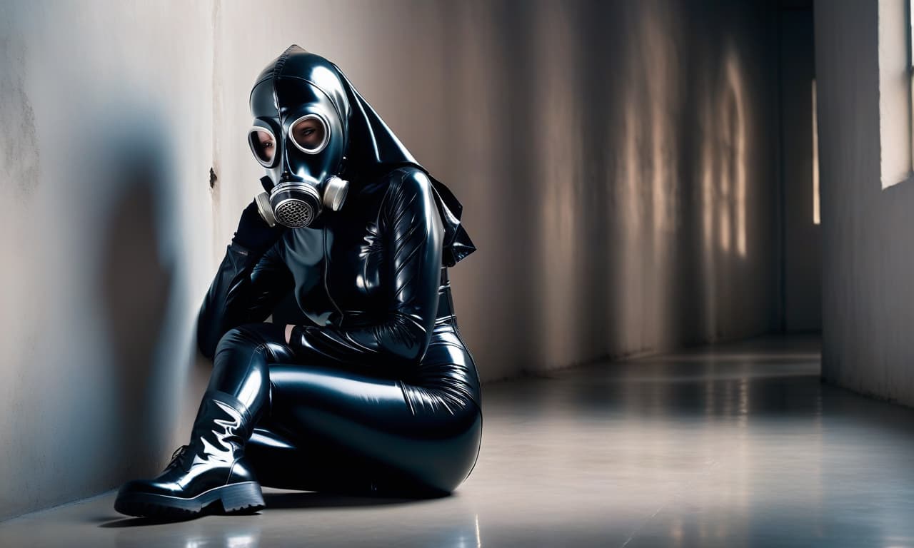  cinematic film still 4K, Strict Nun, full grown, pale skin, brightly painted eyes, puffy lips, in a dazzling black latex costume tightly hugging her body, leaning against a wall. A tight fitting black gas mask covers her entire head and face. The mask tightly hugs the entire face. On her hands are white gloves. On her legs are white boots with a high heel, corset, (dark shot: 1.17), epicrealistic, gray, ((neutral colors)), artistic, (hdr: 1.5), (muted colors: 1.2), with increased detail, (artstation: 1.5), cinematic, warm light, dramatic light, (complex details: 1.1), complex background, (Rutkowski: 0.8), (blue and orange: 0.4), Details, ((complex details, highly detailed)) . shallow depth of field, vignette, highly detailed, high budget,  hyperrealistic, full body, detailed clothing, highly detailed, cinematic lighting, stunningly beautiful, intricate, sharp focus, f/1. 8, 85mm, (centered image composition), (professionally color graded), ((bright soft diffused light)), volumetric fog, trending on instagram, trending on tumblr, HDR 4K, 8K