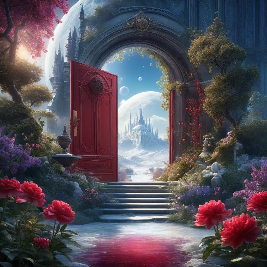  A masterpiece. The Ice Palace. Huge palace Grandiose construction. The palace is outside. Highly detailed, highly detailed. High quality. Beauty, grace, majesty. An ice lake. Fairy tale, fantasy. Alfonso Mucha. HDR.Beautiful red door with branching ornamentation. The door looks like a portal. Fantasy, magic. High elaboration, high realization. The door opens into a beautiful garden. A door without a lock. (Sparkling rim)): spring field, hyacinths, roses, rosehips, rose hips, peonies, cherry tree, yellow, red. Surrealist abstractionism. Honoré Fargonard, Alfonso Mucha.Flying saucer. Space, fantasy. Purple, blue, silver colors. Moon, aliens. There's a castle on the moon. hyperrealistic, full body, detailed clothing, highly detailed, cinematic lighting, stunningly beautiful, intricate, sharp focus, f/1. 8, 85mm, (centered image composition), (professionally color graded), ((bright soft diffused light)), volumetric fog, trending on instagram, trending on tumblr, HDR 4K, 8K