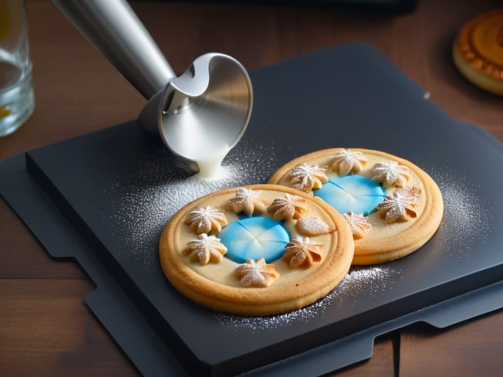  An ultradetailed image of a sleek, modern cookie press made of brushed stainless steel, featuring intricate gears and a precision trigger mechanism. The press is shown in action, elegantly extruding a perfectly formed starshaped cookie onto a matte black baking sheet, creating a visually striking contrast. The background is softly blurred to emphasize the sharp details of the press and the beautifully defined shape of the cookie emerging from it. This minimalistic image captures the essence of precision and uniformity in cookie design, appealing to the professional and designoriented audience of the article. hyperrealistic, full body, detailed clothing, highly detailed, cinematic lighting, stunningly beautiful, intricate, sharp focus, f/1. 8, 85mm, (centered image composition), (professionally color graded), ((bright soft diffused light)), volumetric fog, trending on instagram, trending on tumblr, HDR 4K, 8K