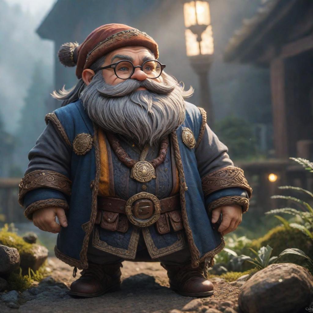  dwarf in glasses, cute, hyper detail, full HD hyperrealistic, full body, detailed clothing, highly detailed, cinematic lighting, stunningly beautiful, intricate, sharp focus, f/1. 8, 85mm, (centered image composition), (professionally color graded), ((bright soft diffused light)), volumetric fog, trending on instagram, trending on tumblr, HDR 4K, 8K