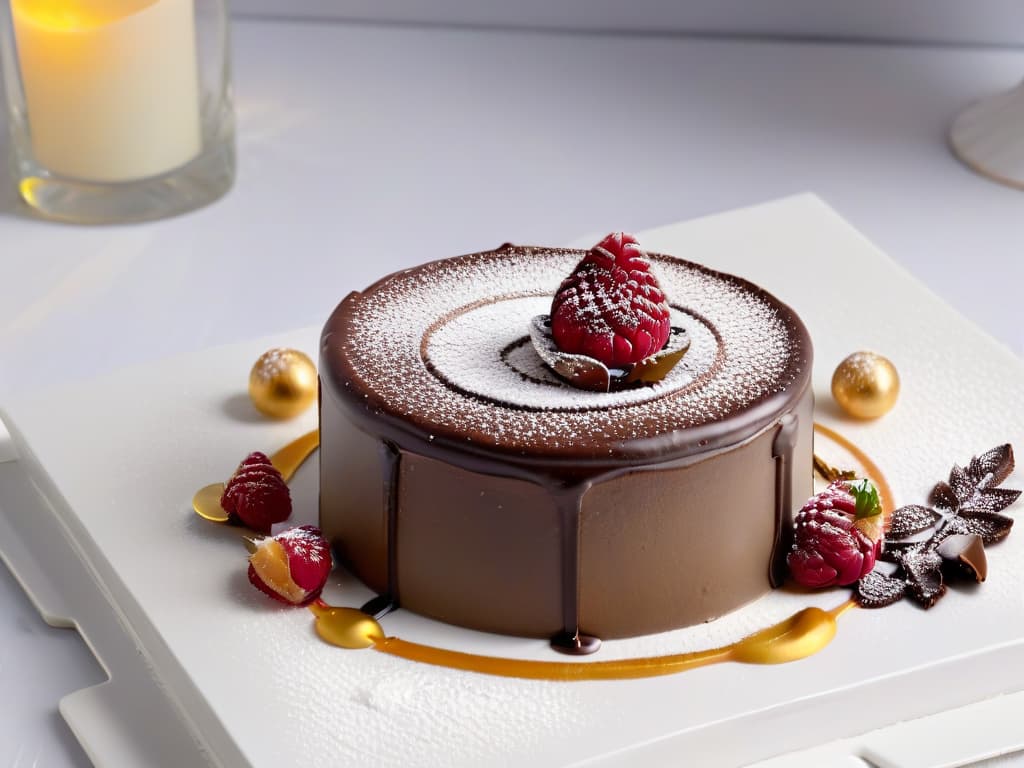  A minimalist, ultradetailed image of a perfectly sculpted, intricate chocolate dessert on a pristine white plate. The dessert is garnished with delicate gold leaf, fresh raspberries, and a dusting of powdered sugar, showcasing impeccable presentation and attention to detail in gourmet pastry art. The lighting is soft, accentuating the rich textures and glossy finish of the dessert, making it a visually striking and sophisticated image that embodies the art of gourmet pastry presentation. hyperrealistic, full body, detailed clothing, highly detailed, cinematic lighting, stunningly beautiful, intricate, sharp focus, f/1. 8, 85mm, (centered image composition), (professionally color graded), ((bright soft diffused light)), volumetric fog, trending on instagram, trending on tumblr, HDR 4K, 8K