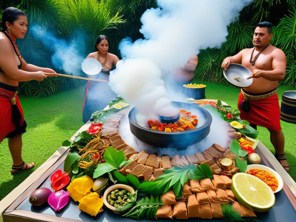  An ultradetailed image of a traditional Maori hangi feast, showcasing a large pit filled with hot stones, covered with food wrapped in leaves, surrounded by indigenous people in vibrant attire, with steam rising against a backdrop of lush greenery and a clear blue sky. hyperrealistic, full body, detailed clothing, highly detailed, cinematic lighting, stunningly beautiful, intricate, sharp focus, f/1. 8, 85mm, (centered image composition), (professionally color graded), ((bright soft diffused light)), volumetric fog, trending on instagram, trending on tumblr, HDR 4K, 8K