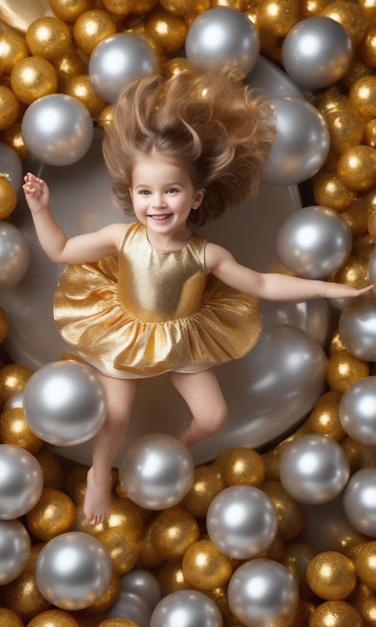  A little girl in a bright dress jumps on a trampoline in gold and silver balls, smiles, top view, focus on the girl hyperrealistic, full body, detailed clothing, highly detailed, cinematic lighting, stunningly beautiful, intricate, sharp focus, f/1. 8, 85mm, (centered image composition), (professionally color graded), ((bright soft diffused light)), volumetric fog, trending on instagram, trending on tumblr, HDR 4K, 8K