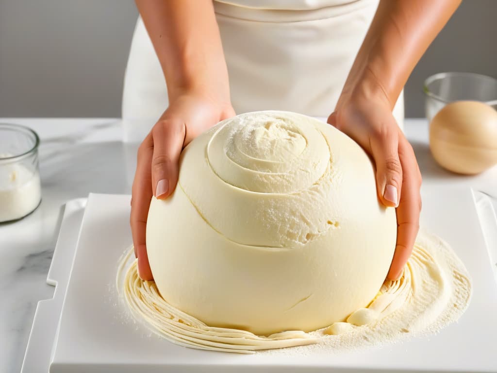  An image of a baker's hands expertly kneading a ball of dough, with gluten strands visibly stretching and forming, showcasing the elasticity and magic of gluten in baking. The background is a clean, white marble countertop, emphasizing the simplicity and artistry of the process. hyperrealistic, full body, detailed clothing, highly detailed, cinematic lighting, stunningly beautiful, intricate, sharp focus, f/1. 8, 85mm, (centered image composition), (professionally color graded), ((bright soft diffused light)), volumetric fog, trending on instagram, trending on tumblr, HDR 4K, 8K