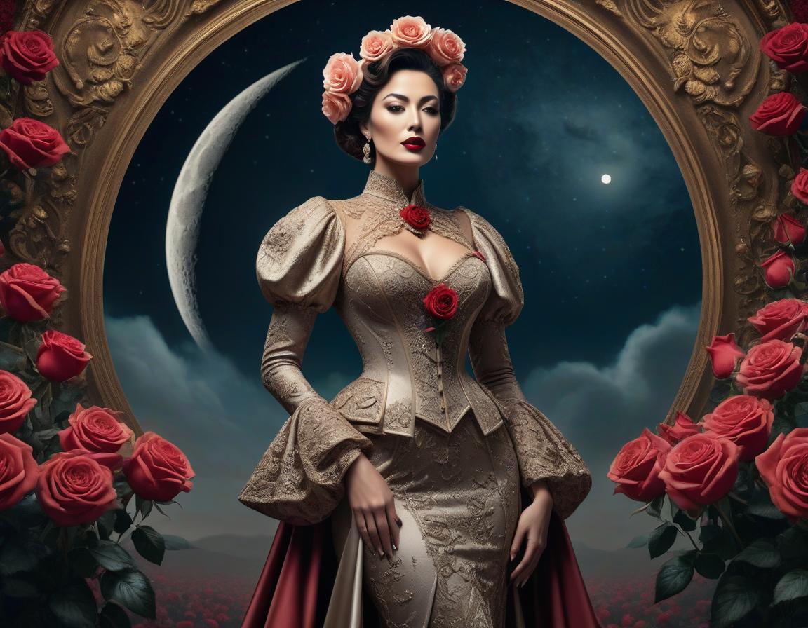  surrealist art An elaborate digital artwork of a woman in vintage attire with roses and a lunar backdrop. . dreamlike, mysterious, provocative, symbolic, intricate, detailed hyperrealistic, full body, detailed clothing, highly detailed, cinematic lighting, stunningly beautiful, intricate, sharp focus, f/1. 8, 85mm, (centered image composition), (professionally color graded), ((bright soft diffused light)), volumetric fog, trending on instagram, trending on tumblr, HDR 4K, 8K