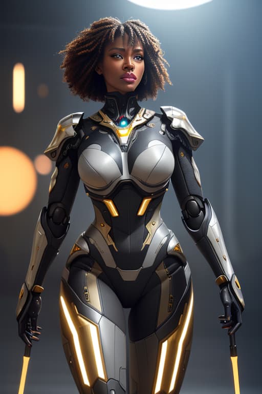  cgmech, beautiful eyes, portrait, robot, armor, black zulu women, african, neon light, 8K, RAW, best quality, masterpiece, ultra high res, colorful, (medium wide shot), (dynamic perspective), sharp focus , (depth of field, bokeh:1.3), extremely detailed eyes and face, beautiful detailed eyes,(grey gold, trimmed gear:1.2),(In a futuristic weapons factory:1.2), ((masterpiece, best quality)), <lora:more details:0.3> Detailed background, spaceship interior <lora:Niji:0.5> , afro hair, hyperrealistic, full body, detailed clothing, highly detailed, cinematic lighting, stunningly beautiful, intricate, sharp focus, f/1. 8, 85mm, (centered image composition), (professionally color graded), ((bright soft diffused light)), volumetric fog, trending on instagram, trending on tumblr, HDR 4K, 8K