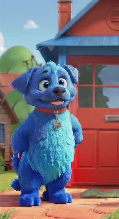  {Max the big blue dog standing in front of a cozy little house with a red door, The big blue dog is large with sky blue fur, big round eyes, a black nose, and floppy ears.