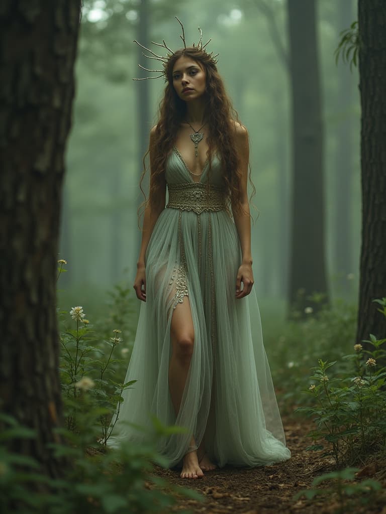  this prompt describes an editorial photography session set in a serene, wooded forest, capturing the ethereal essence of a she elf princess. the styling is inspired by the iconic work of alan lee, known for his enchanting and detailed depiction of mythical creatures and landscapes. the imagery aims to evoke a sense of wonder and otherworldly beauty, mirroring the mystical atmosphere of the natural woodland setting.