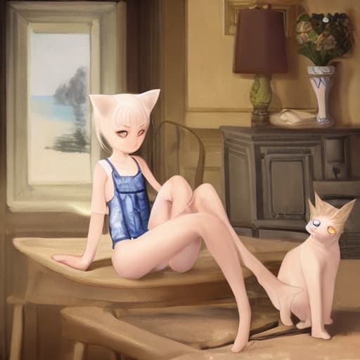  A Siamese 
cat wearing a bathing suit next to a vase