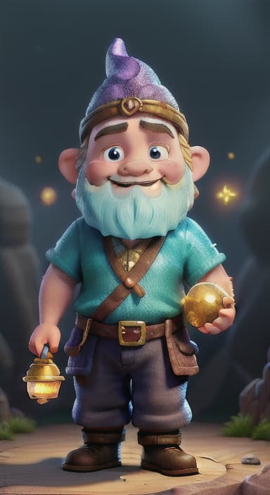  {A dwarf making a wish while holding the glowing gemstone, with sparkly magic swirling around them., Dwarves are short, with bushy beards and rosy cheeks. They wear colorful tunics, pointy hats, and sturdy boots. They have twinkling eyes and joyful smiles.