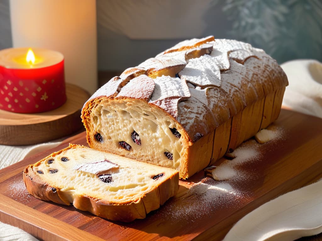  A minimalistic yet captivating image of freshly baked Stollen bread resting on a rustic wooden cutting board, dusted with a delicate snowfall of powdered sugar. The golden crust of the Stollen glistens under soft lighting, while slices of almond and candied fruit peek through the tender crumb, evoking a sense of warmth and tradition. The background is softly blurred to draw the viewer's focus to the intricate textures and rich colors of the Stollen, creating a visually stunning and mouthwatering depiction of this beloved Christmas treat. hyperrealistic, full body, detailed clothing, highly detailed, cinematic lighting, stunningly beautiful, intricate, sharp focus, f/1. 8, 85mm, (centered image composition), (professionally color graded), ((bright soft diffused light)), volumetric fog, trending on instagram, trending on tumblr, HDR 4K, 8K