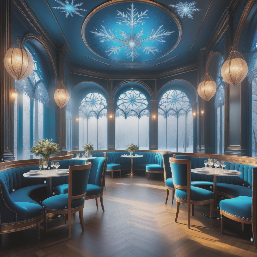  ethereal fantasy concept art of (Cafe interior). (Floor and walls):decorated with snowy intricate patterns of blue, white, silver snowflakes. (Furniture): elegant tables and chairs are forged from ice crystals and sparkle in the starlight. The windows are covered with openwork curtains made of frost. . magnificent, celestial, ethereal, painterly, epic, majestic, magical, fantasy art, cover art, dreamy hyperrealistic, full body, detailed clothing, highly detailed, cinematic lighting, stunningly beautiful, intricate, sharp focus, f/1. 8, 85mm, (centered image composition), (professionally color graded), ((bright soft diffused light)), volumetric fog, trending on instagram, trending on tumblr, HDR 4K, 8K