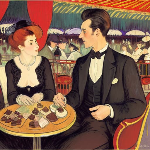  attractive young Parisian couple dressed in modern designer outfits who are romantically together in Paris. Foreground a small plate of fine dark chocolates on a small wooden table. Background dusk with a light of the inside the Moulin Rouge with dancers dancing. Painting style of Henri de Toulouse-Lautrec