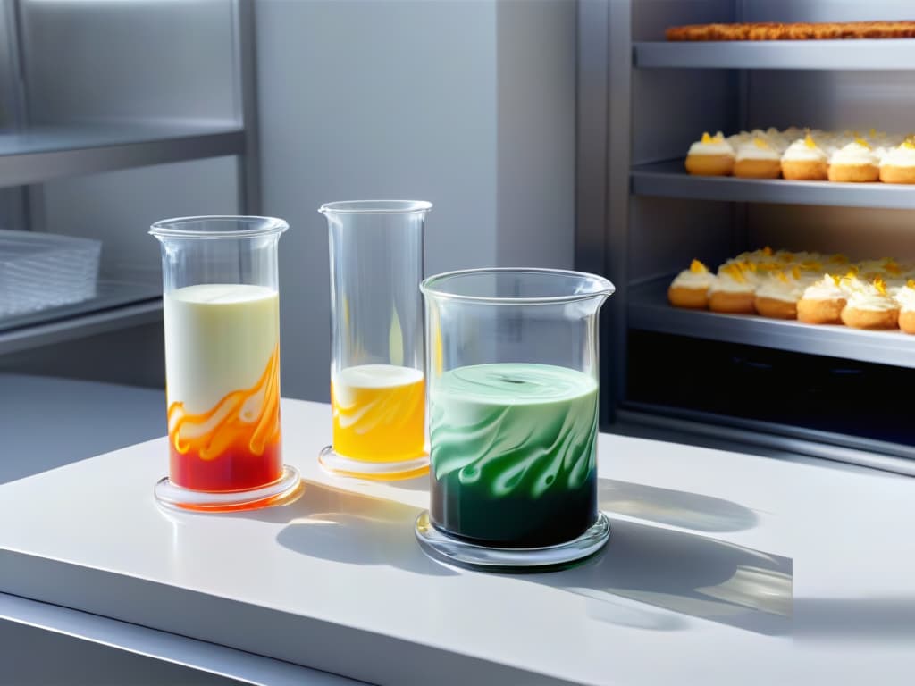  An ultradetailed image of a pristine white laboratory beaker filled with colorful swirls of vibrant, liquid ingredients commonly used in modern pastrymaking. The beaker is positioned under a beam of soft, natural light, casting intricate shadows across the sleek, sterile lab countertop. The various liquids inside the beaker are carefully layered, showcasing a mesmerizing display of gradients and textures, symbolizing the fusion of science and culinary artistry in modern baking. hyperrealistic, full body, detailed clothing, highly detailed, cinematic lighting, stunningly beautiful, intricate, sharp focus, f/1. 8, 85mm, (centered image composition), (professionally color graded), ((bright soft diffused light)), volumetric fog, trending on instagram, trending on tumblr, HDR 4K, 8K