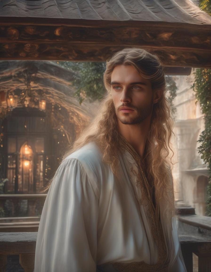  the era of the Middle Ages, the maximum close up, a dark moonlit night, the most detailed portrait of an elegant wealthy young man with long curly golden hair, in luxurious light lavishly decorated with intricate embroidery Tudor clothes, stands on the balcony of a medieval house and raises his head in deep thought and looks at the starry sky, expressive gray green eyes drawn in the most detail, long thick eyelashes, maximum detail, fine details, rich colors, image in the style of Daniel F. Gerhartz and Eugene de Blaas, maximum emphasis on the face, saturated colors, hyperrealistic, full body, detailed clothing, highly detailed, cinematic lighting, stunningly beautiful, intricate, sharp focus, f/1. 8, 85mm, (centered image composition), (professionally color graded), ((bright soft diffused light)), volumetric fog, trending on instagram, trending on tumblr, HDR 4K, 8K