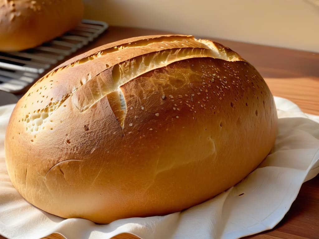  An ultradetailed closeup image of freshly baked artisan bread, showcasing the intricate patterns on its crust, the goldenbrown color, and the steam rising from its soft interior. The texture of the bread is visible, with small air pockets and a slightly uneven surface that highlights its handmade quality. The image is captured in a warm natural light that enhances the bread's inviting appearance, making viewers almost able to smell the delicious aroma coming from it. hyperrealistic, full body, detailed clothing, highly detailed, cinematic lighting, stunningly beautiful, intricate, sharp focus, f/1. 8, 85mm, (centered image composition), (professionally color graded), ((bright soft diffused light)), volumetric fog, trending on instagram, trending on tumblr, HDR 4K, 8K