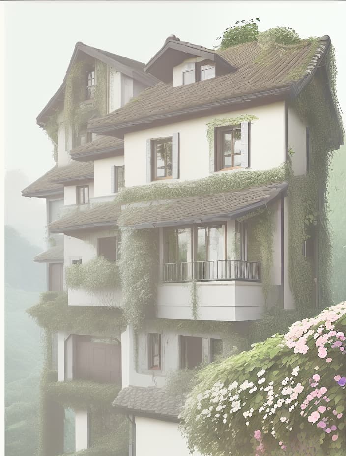  A house in the forest, with vines and flowers climbing on the house