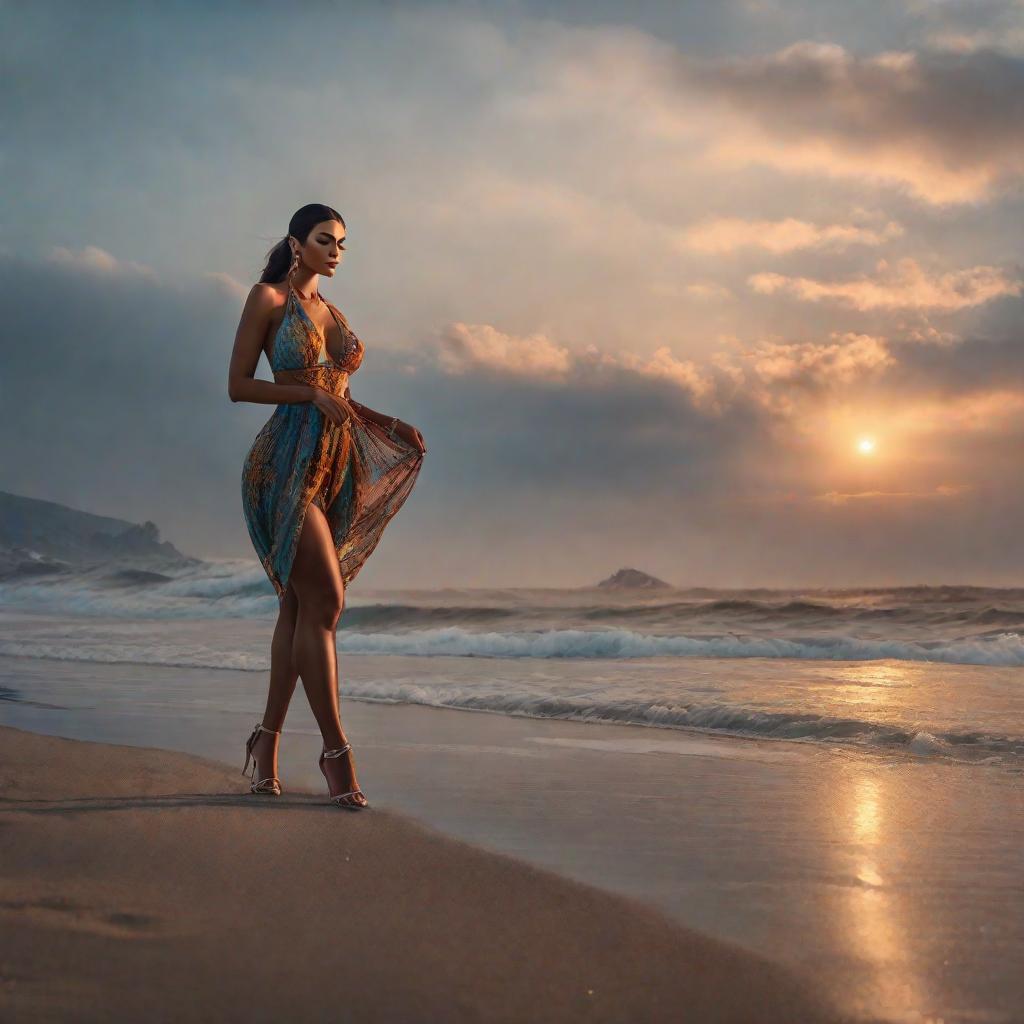  Atardecer en la playa hyperrealistic, full body, detailed clothing, highly detailed, cinematic lighting, stunningly beautiful, intricate, sharp focus, f/1. 8, 85mm, (centered image composition), (professionally color graded), ((bright soft diffused light)), volumetric fog, trending on instagram, trending on tumblr, HDR 4K, 8K