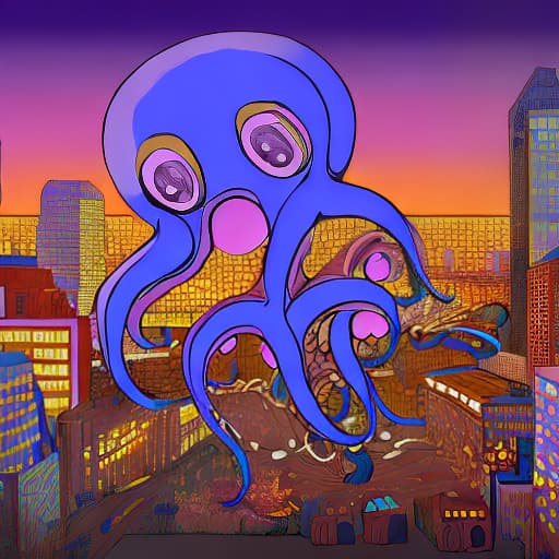  A digital art piece of a giant octopus made of jelly beans, attacking a city skyline