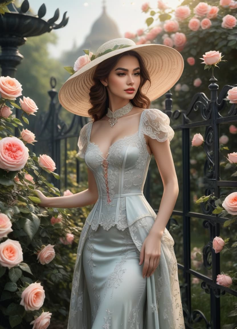  comic Delicate English watercolour in pastel tones, on the background of English garden flowers powder roses in dew, among roses stands a lovely in a straw hat decorated with flowers and in a lush dress with lace, openwork wrought iron fence, octane, dew glistens and shimmers in the sun lumen, in the distance marble statue, aesthetic flowers,art botanical, organic biological,realistic . graphic ilration, comic art, graphic novel art, vint, highly detailed hyperrealistic, full body, detailed clothing, highly detailed, cinematic lighting, stunningly beautiful, intricate, sharp focus, f/1. 8, 85mm, (centered image composition), (professionally color graded), ((bright soft diffused light)), volumetric fog, trending on instagram, trending on tumblr, HDR 4K, 8K