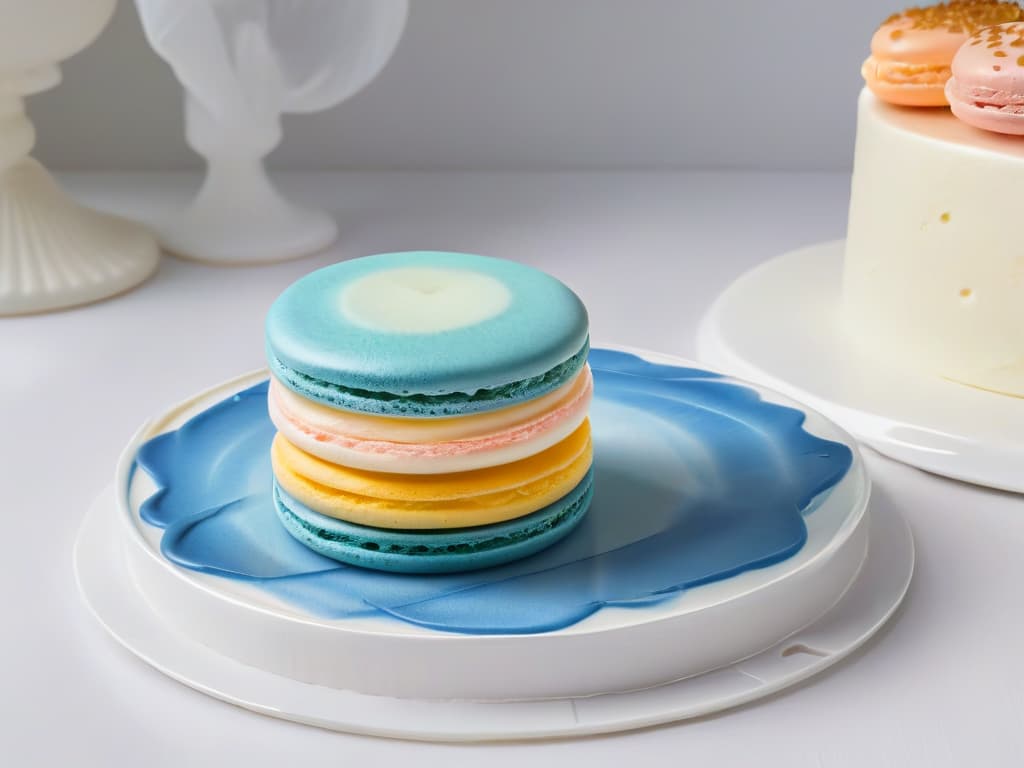  A closeup, ultradetailed image of a vibrant, intricately painted macaron placed delicately on a pristine white porcelain plate. The macaron showcases a gradient of pastel colors blending seamlessly into one another, highlighting the artistry of edible painting. The surface of the dessert reflects a soft, diffused light, emphasizing the precision and skill required for such culinary artwork. The image exudes elegance and sophistication, inviting the viewer to appreciate the beauty and creativity of using edible paint in pastry decoration. hyperrealistic, full body, detailed clothing, highly detailed, cinematic lighting, stunningly beautiful, intricate, sharp focus, f/1. 8, 85mm, (centered image composition), (professionally color graded), ((bright soft diffused light)), volumetric fog, trending on instagram, trending on tumblr, HDR 4K, 8K