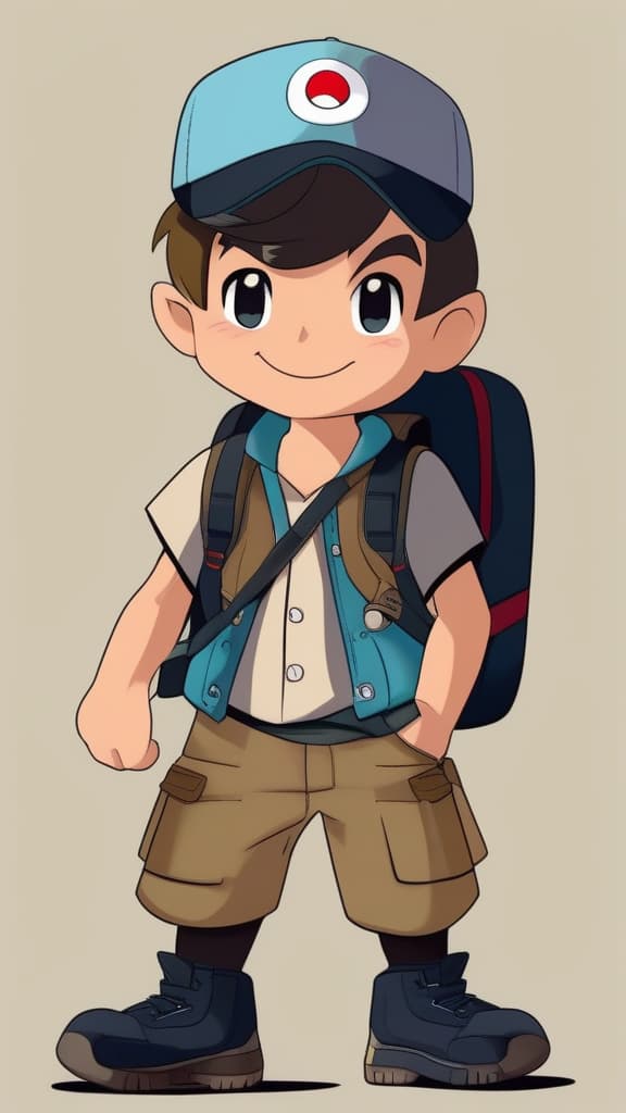  cute Pokemon trainer little boy carrying a backpack and wearing a khaki vest over a shirt and khaki shorts and wearing tall black work boots , ((masterpiece)), best quality, very detailed, high resolution, sharp, sharp image, extremely detailed, 4k, 8k