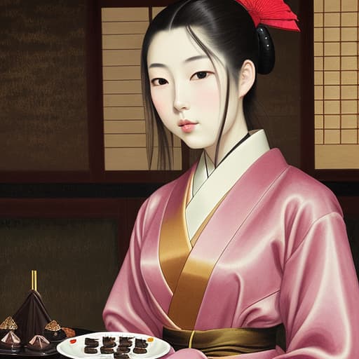  Attractive Beautiful young modern Japanese girl dressed in imperial attire with moist parted lips. Foreground is plates of fine dark chocolates. Background is an exclusive Japanese restaurant . Painting style of Edgar Degas