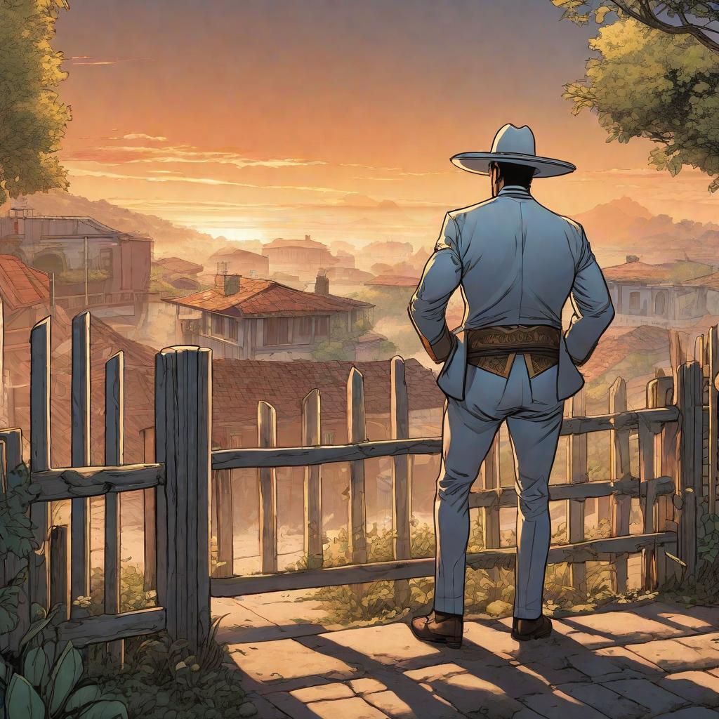  A mariachi climb up the fence of a house. , marvel comic panel, dc animated comic panel, comic panel, manga and manhwa style panel, portrait, young person face, style for marvel comic, anime comic panel style hyperrealistic, full body, detailed clothing, highly detailed, cinematic lighting, stunningly beautiful, intricate, sharp focus, f/1. 8, 85mm, (centered image composition), (professionally color graded), ((bright soft diffused light)), volumetric fog, trending on instagram, trending on tumblr, HDR 4K, 8K