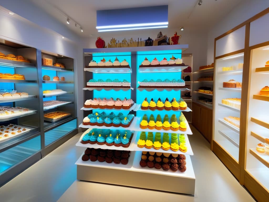  An ultradetailed 8k image of a sleek, modern bakery with shelves lined with vibrant, pop cultureinspired desserts like superherothemed cupcakes, galaxy mirror glaze cakes, and unicorn macarons. The interior is minimalist, with clean lines, white walls, and subtle neon lights highlighting the colorful treats. The foreground showcases a display of trendy merchandise like tshirts and mugs featuring popular cartoon characters and catchy slogans related to baking and pop culture. The overall aesthetic is professional and inspiring, perfectly capturing the fusion of flavors and trends in modern pastry and pop culture merchandising. hyperrealistic, full body, detailed clothing, highly detailed, cinematic lighting, stunningly beautiful, intricate, sharp focus, f/1. 8, 85mm, (centered image composition), (professionally color graded), ((bright soft diffused light)), volumetric fog, trending on instagram, trending on tumblr, HDR 4K, 8K