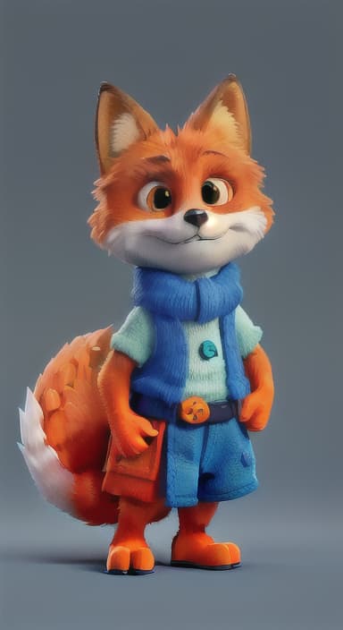  {Error the fox pressing the blue button with his paw, looking puzzled as nothing occurs., Error is a small, bright orange fox with a fluffy tail and big, inquisitive eyes. He has a mischievous yet kind expression and wears a tiny green scarf.