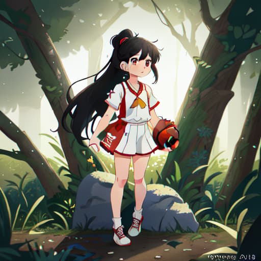  anime girl black hair bright dark brown eyes red and white basketball uniform with the number 18 and the name Nicky white and black shoes Have your hair in a medium high ponytail with two strands on the sides of your ears, have a basketball and look full body Pastel Palette, Da Vinci's Dreams, Picasso's , Sunrise Splendors, Floral Fantasy, Mystical Moonscapes, Urban Nature, Crystal Clear, Cinematic hyperrealistic, full body, detailed clothing, highly detailed, cinematic lighting, stunningly beautiful, intricate, sharp focus, f/1. 8, 85mm, (centered image composition), (professionally color graded), ((bright soft diffused light)), volumetric fog, trending on instagram, trending on tumblr, HDR 4K, 8K