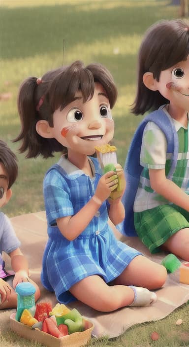  {Kids sitting around a picnic blanket, enjoying juice boxes and snacks., Children happily eating snacks, with crumbs on their faces and big smiles.