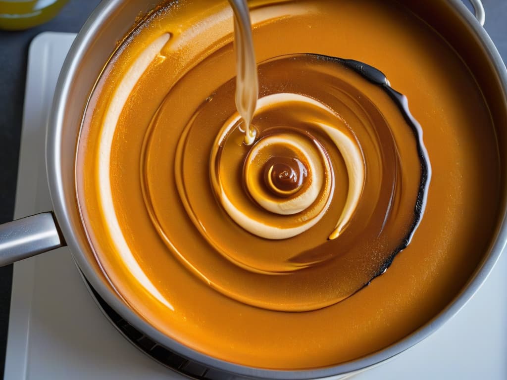  A closeup, ultradetailed image of golden caramel being drizzled slowly over the edge of a stainless steel saucepan, capturing the intricate swirls and patterns forming as the thick liquid cascades down. The rich caramel is glistening under the light, showcasing a glossy texture with a hint of amber hues, inviting the viewer to almost taste its sweet, indulgent essence. The background is blurred, emphasizing the mesmerizing beauty and artistry of the caramelization process. hyperrealistic, full body, detailed clothing, highly detailed, cinematic lighting, stunningly beautiful, intricate, sharp focus, f/1. 8, 85mm, (centered image composition), (professionally color graded), ((bright soft diffused light)), volumetric fog, trending on instagram, trending on tumblr, HDR 4K, 8K