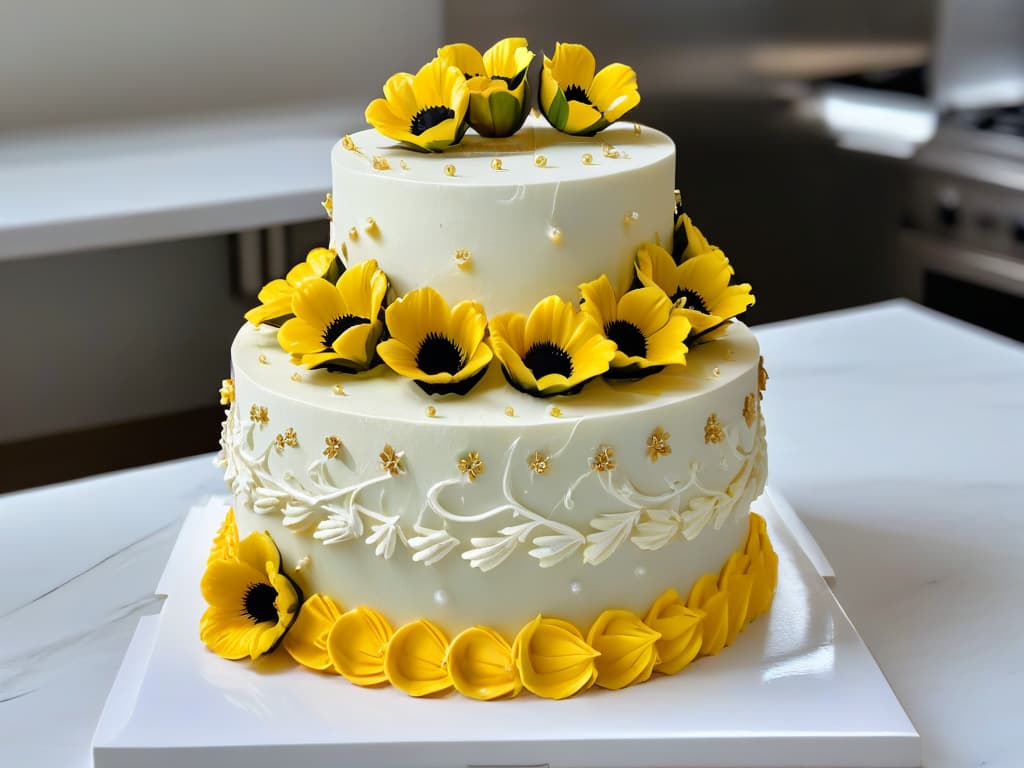  A highresolution image of a beautifully decorated multitiered cake displayed on a clean, white marble countertop. The cake features intricate piping details, delicate sugar flowers, and shimmering edible gold accents. The lighting is soft and diffused, highlighting the texture and craftsmanship of the cake without any distracting elements in the background. hyperrealistic, full body, detailed clothing, highly detailed, cinematic lighting, stunningly beautiful, intricate, sharp focus, f/1. 8, 85mm, (centered image composition), (professionally color graded), ((bright soft diffused light)), volumetric fog, trending on instagram, trending on tumblr, HDR 4K, 8K