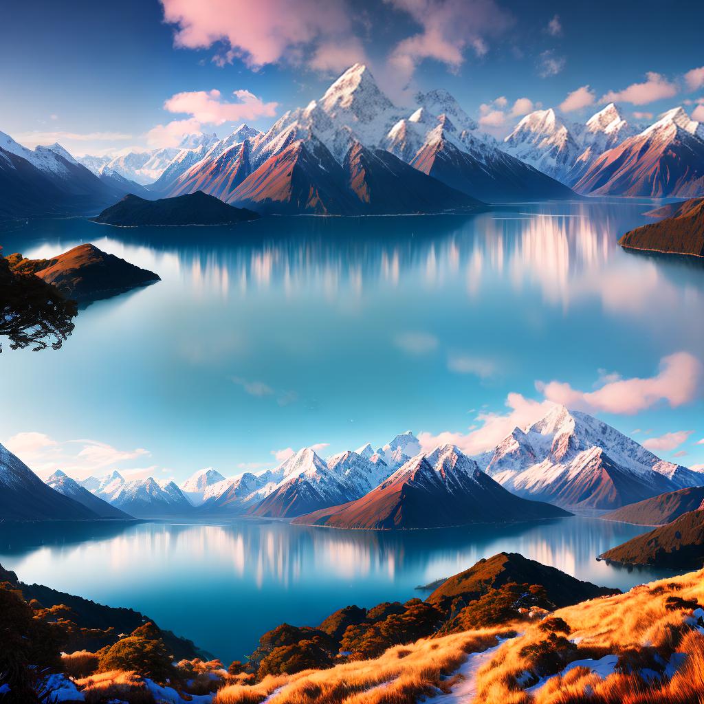  Immerse yourself in the mesmerizing beauty of New Zealand's landscape with this high detailed, 8k resolution masterpiece. The main subject of the scene is a serene lake surrounded by towering snow-capped mountains. hyperrealistic, full body, detailed clothing, highly detailed, cinematic lighting, stunningly beautiful, intricate, sharp focus, f/1. 8, 85mm, (centered image composition), (professionally color graded), ((bright soft diffused light)), volumetric fog, trending on instagram, trending on tumblr, HDR 4K, 8K