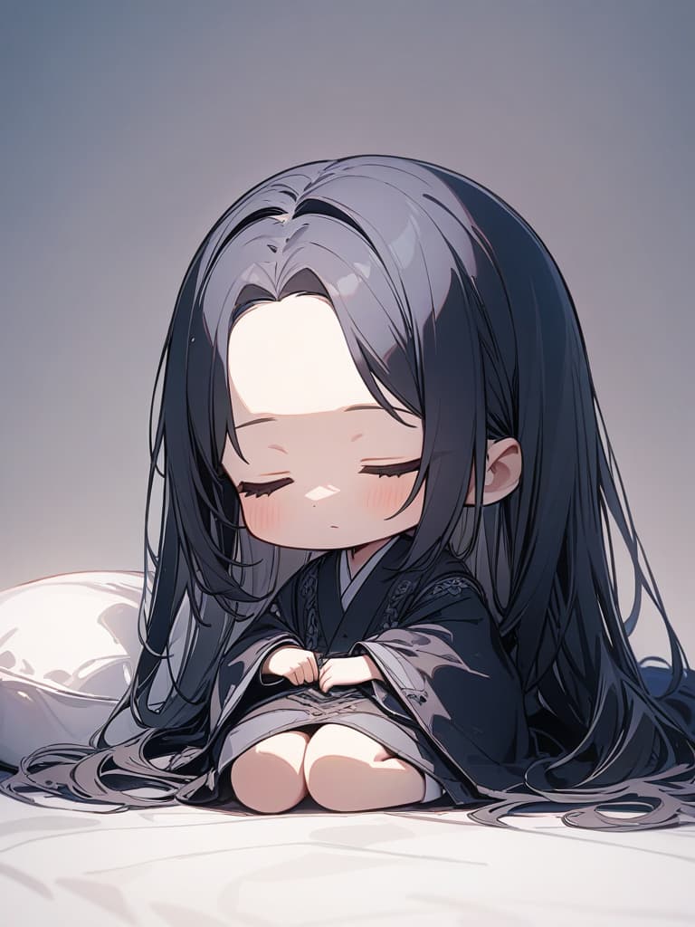  Mini characters, chibi characters, dark blue hair, futon, sleeping, man, cute, short hair, 1 person, gray background, black blanket, masterpiece, best quality,8k,ultra detailed,high resolution,an extremely delicate and beautiful,hyper detail