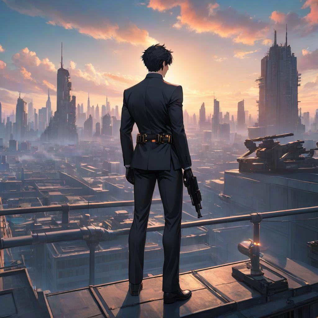  anime artwork A futuristic person in a black suit of iron with two guns on their belt stands on a rooftop looking at the city. . anime style, key visual, vibrant, studio anime, highly detailed hyperrealistic, full body, detailed clothing, highly detailed, cinematic lighting, stunningly beautiful, intricate, sharp focus, f/1. 8, 85mm, (centered image composition), (professionally color graded), ((bright soft diffused light)), volumetric fog, trending on instagram, trending on tumblr, HDR 4K, 8K