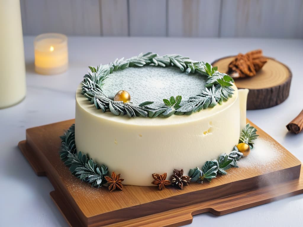  A minimalistic, highly detailed image of a slice of magical Narniainspired cheesecake resting on a rustic wooden plate. The cheesecake is perfectly layered with creamy, swirled colors reminiscent of a mystical forest, topped with shimmering edible glitter and delicate sugar snowflakes. The background is softly blurred, focusing all attention on the decadent dessert, inviting viewers to indulge in its enchanting beauty. hyperrealistic, full body, detailed clothing, highly detailed, cinematic lighting, stunningly beautiful, intricate, sharp focus, f/1. 8, 85mm, (centered image composition), (professionally color graded), ((bright soft diffused light)), volumetric fog, trending on instagram, trending on tumblr, HDR 4K, 8K