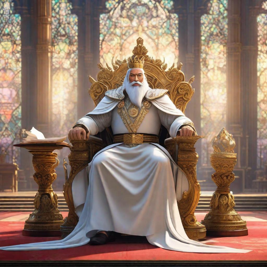  A king sitting on his throne holding a paper., anime concept art by Hayao Miyazaki, featured on pixiv, fantasy art, concept art, official art, high detailed hyperrealistic, full body, detailed clothing, highly detailed, cinematic lighting, stunningly beautiful, intricate, sharp focus, f/1. 8, 85mm, (centered image composition), (professionally color graded), ((bright soft diffused light)), volumetric fog, trending on instagram, trending on tumblr, HDR 4K, 8K