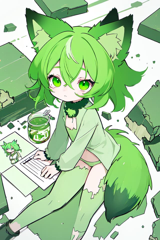  Green hair character with fox ears, crushed cracks and rough drawing