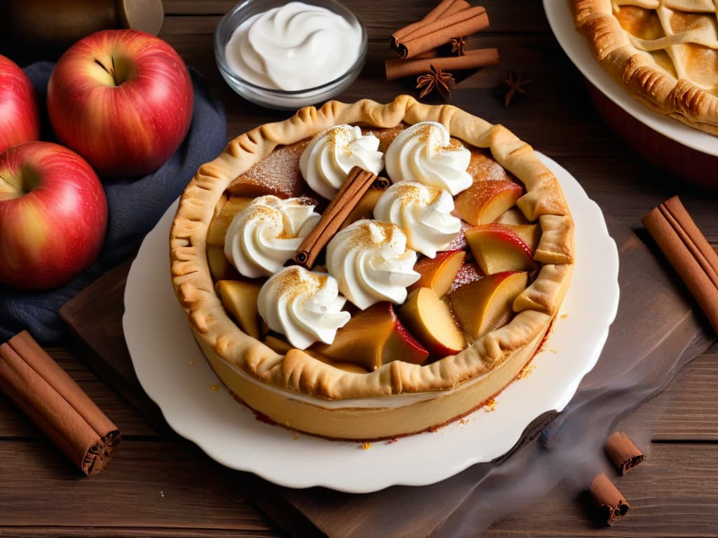  A closeup, ultradetailed image of a freshly baked apple pie with a golden, flaky crust, topped with a dollop of whipped cream and a sprinkle of cinnamon. The pie is resting on a rustic wooden table, with a few whole apples scattered around, showcasing the delicious use of apple puree in baking. hyperrealistic, full body, detailed clothing, highly detailed, cinematic lighting, stunningly beautiful, intricate, sharp focus, f/1. 8, 85mm, (centered image composition), (professionally color graded), ((bright soft diffused light)), volumetric fog, trending on instagram, trending on tumblr, HDR 4K, 8K