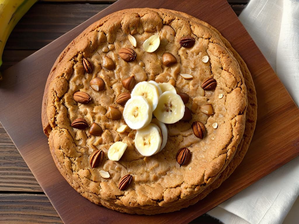  An ultradetailed image of freshly baked oatmeal and banana cookies arranged on a rustic wooden table. The cookies are golden brown with a perfect texture, showing chunks of banana and oats. A sprinkle of cinnamon and a few banana slices are artfully placed around the cookies, with a soft, natural light casting gentle shadows on the scene. The image conveys warmth, freshness, and the irresistible appeal of homemade healthy treats. hyperrealistic, full body, detailed clothing, highly detailed, cinematic lighting, stunningly beautiful, intricate, sharp focus, f/1. 8, 85mm, (centered image composition), (professionally color graded), ((bright soft diffused light)), volumetric fog, trending on instagram, trending on tumblr, HDR 4K, 8K