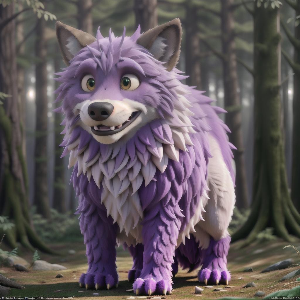  A beautiful, furry anthropomorphic wolf in a forest, bare, , large s, baring teeth, purple fur, slit hyperrealistic, full body, detailed clothing, highly detailed, cinematic lighting, stunningly beautiful, intricate, sharp focus, f/1. 8, 85mm, (centered image composition), (professionally color graded), ((bright soft diffused light)), volumetric fog, trending on instagram, trending on tumblr, HDR 4K, 8K