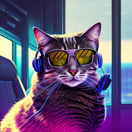 nvinkpunk Realistic image of a cat wearing headphones and reading glasses while riding a bus., analytical cubism hyperrealistic, full body, detailed clothing, highly detailed, cinematic lighting, stunningly beautiful, intricate, sharp focus, f/1. 8, 85mm, (centered image composition), (professionally color graded), ((bright soft diffused light)), volumetric fog, trending on instagram, trending on tumblr, HDR 4K, 8K