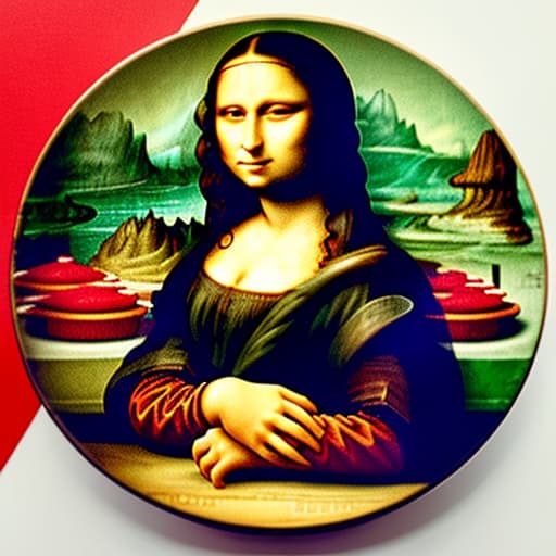  The Mona Lisa holding a white plate of fine dark chocolate candy pieces in red candy cups. Enlarge background. Painted in the style of Leonardo Da Vinci.