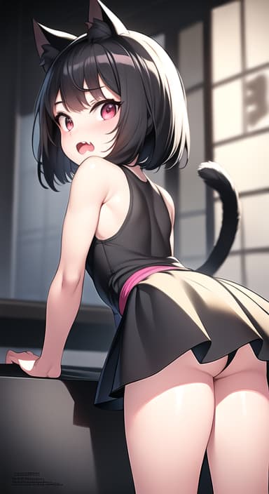  ultra ta ultra small ultra chibi , big upturned cross eyed, black hair short bob, very short height, small figure, cat ears, skin, , pink thin tank top, black very short flared , knee high socks, open mouth, fang, cat ears, legs,panty shot,vew from behind,(on all foursPause), emphasis, (Masterpiece, BestQuality:1.3), (ultra detailed:1.2), (hyperrealistic:1.3), (RAW photo:1.2),High detail RAW color photo, professional photograph, (Photorealistic:1.4), (realistic:1.4), ,professional lighting, (japanese), beautiful face, (realistic face)